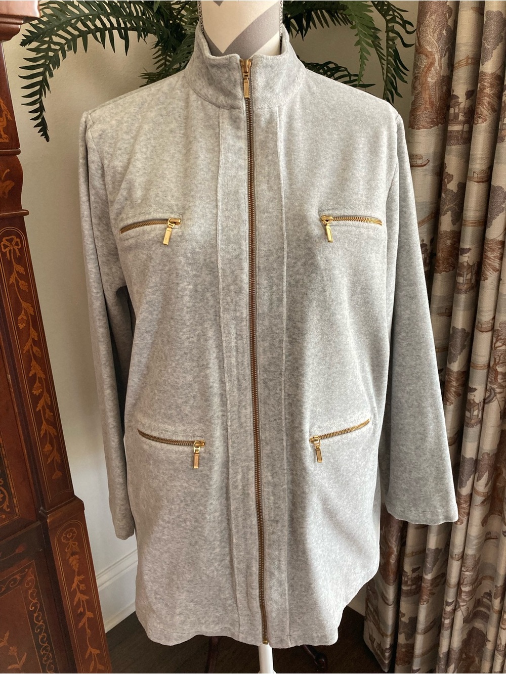 Women's Joan Vass Gray Solid Full Zip Mid-Length Jacket w/Pockets Size XL